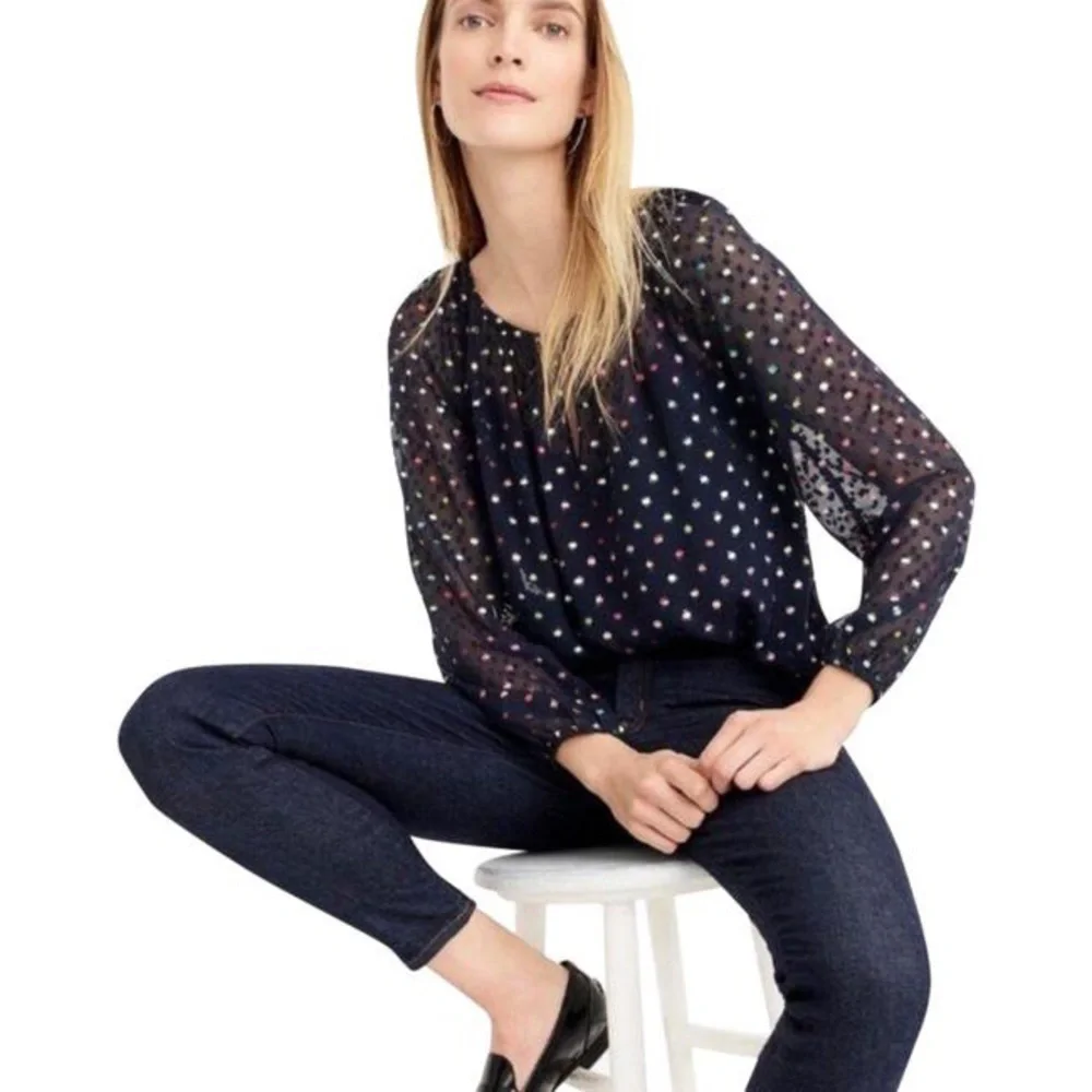 J. Crew Popover Navy Blue Rainbow Clip Dot Chiffon Top Size Medium K4385